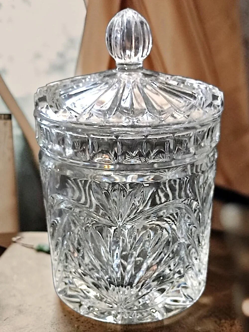 Vintage Crystal Biscuit Jar Candy 6” Lidded Vanity Canister Starburst Glass